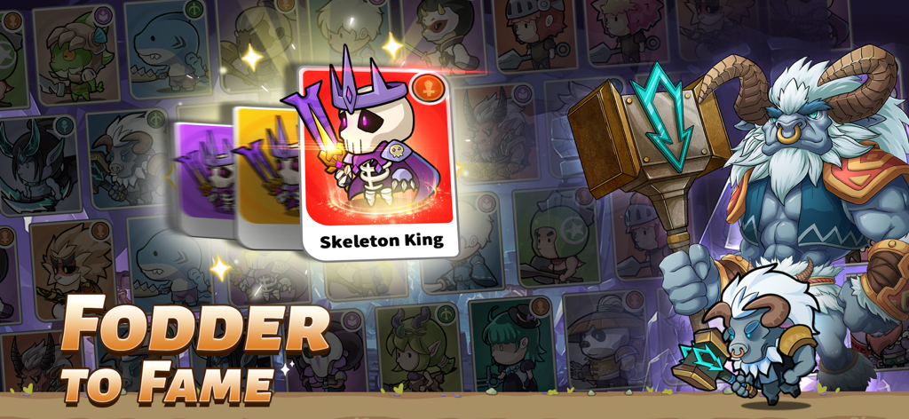 A promotional image for Mini Heroes Magic Throne showing a Skeleton King hero card evolving from purple to red tier with the text Fodder to Fame.