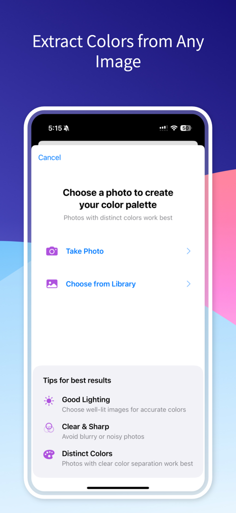 HueMate – Color Extractor - HueMate App-Bildschirm, der Optionen zum Extrahieren von Farben durch Aufnehmen eines Fotos oder Auswahl aus der Bibliothek mit Tipps für beste Ergebnisse zeigt.