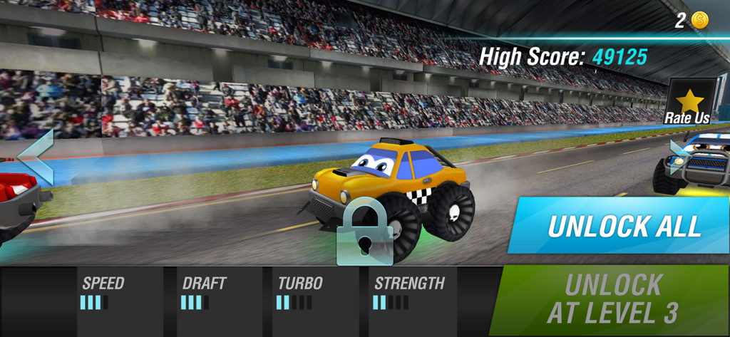 Lightning Racing Cars: Pursuit - Character selection screen showing a locked yellow cartoon monster truck with performance stats