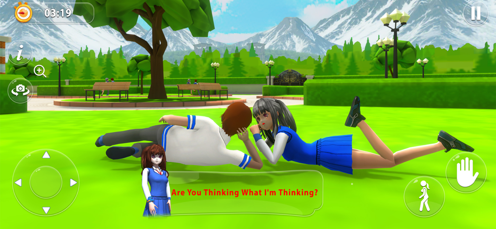 공원에서 잔디에 누워 로맨틱한 대화 장면에 있는 교복 차림의 애니메이션 캐릭터 두 명.