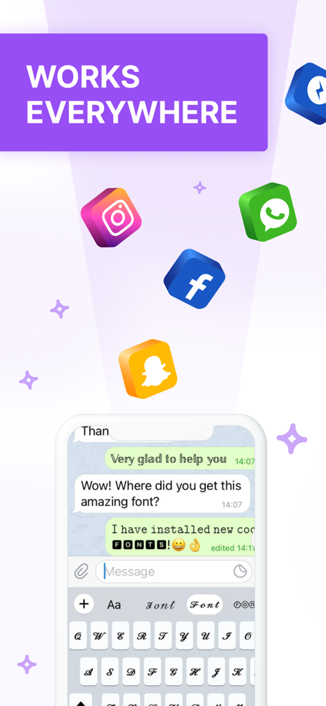 Keyboard Fonts＋Emojis＋Symbols - Screenshot showing the keyboard fonts app working on social media platforms like Instagram and WhatsApp with custom text styles in a chat window