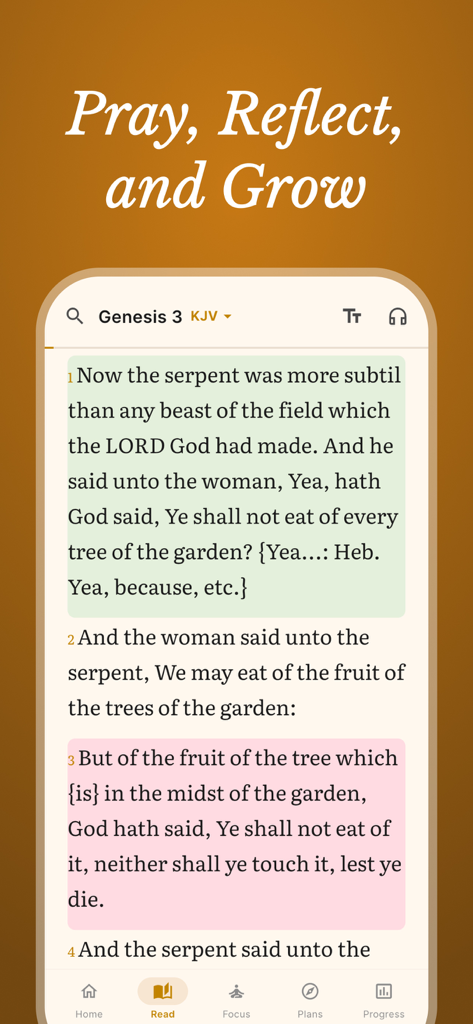 Holy Bible & Daily Verse - Bible app reading screen showing Genesis 3 with highlighting and audio options
