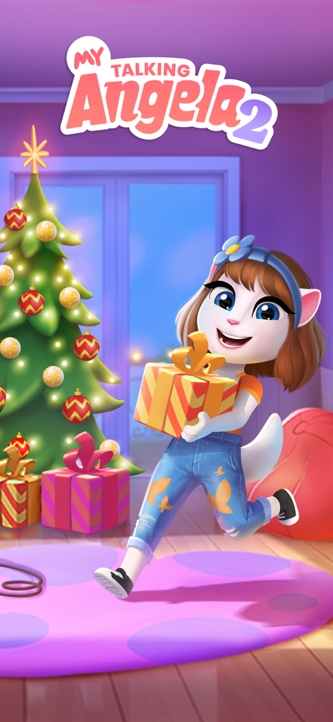 Angela from My Talking Angela 2 holding a gift next to a decorated Christmas tree.