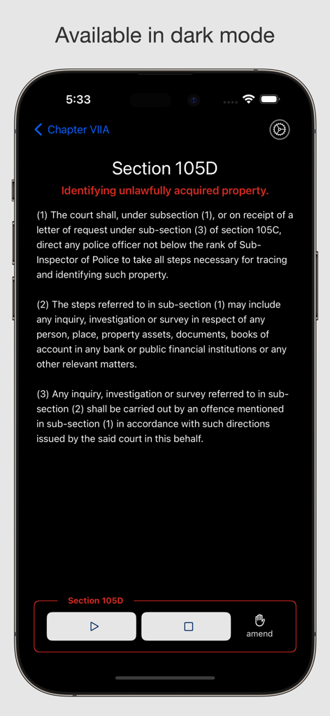 CrPC - Criminal Procedure Code - iPhone screenshot of the CrPC app showing legal text in dark mode