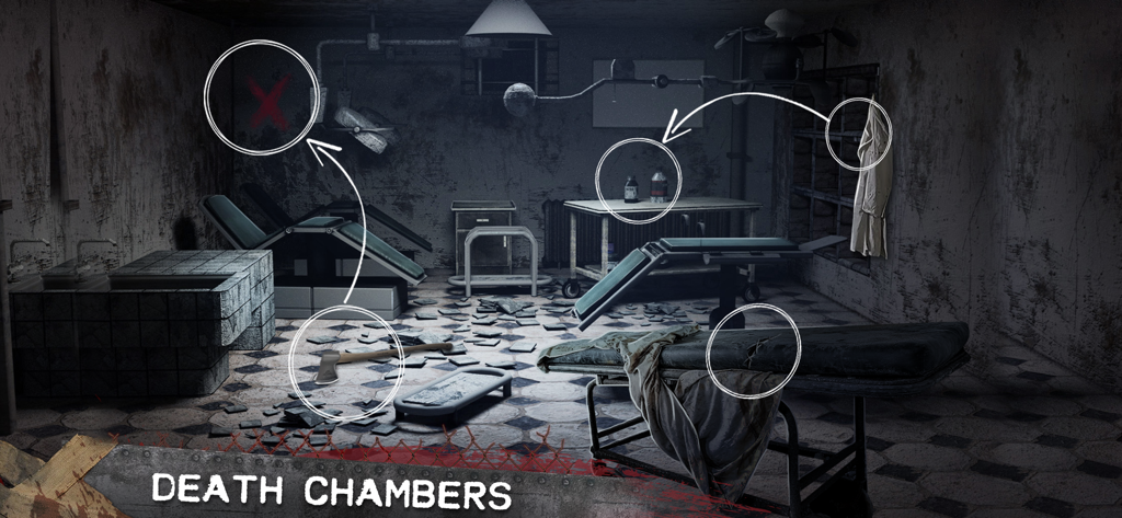 A dark medical room in a horror escape game with highlighted clues for a puzzle