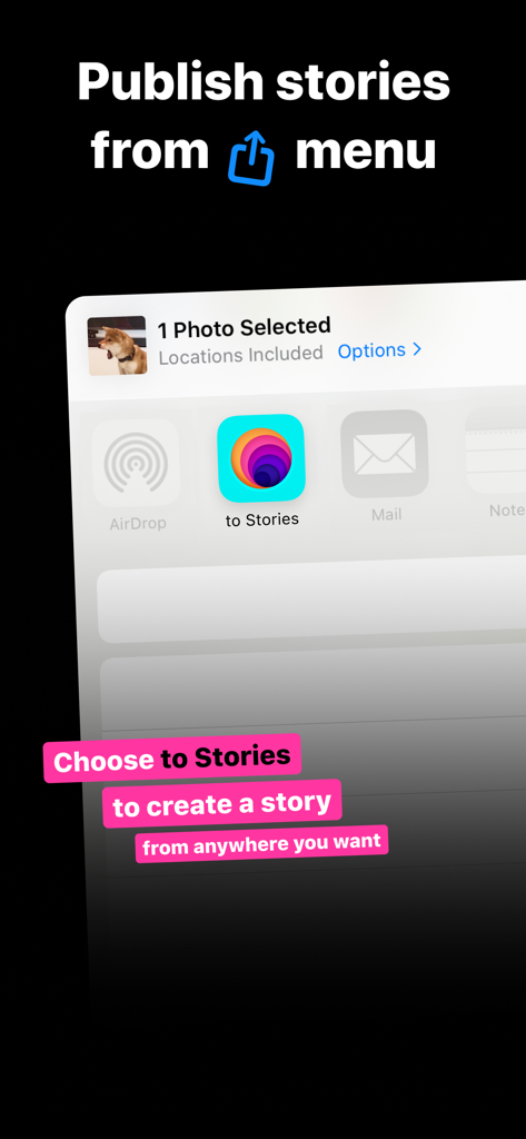 iOS share sheet showing the to Stories app icon to publish content directly to Instagram