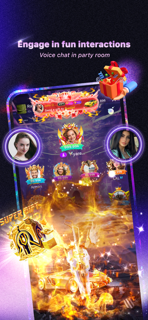 Xena - Group Voice Party - Xena app screen showing a group voice chat room with interactive virtual gifts