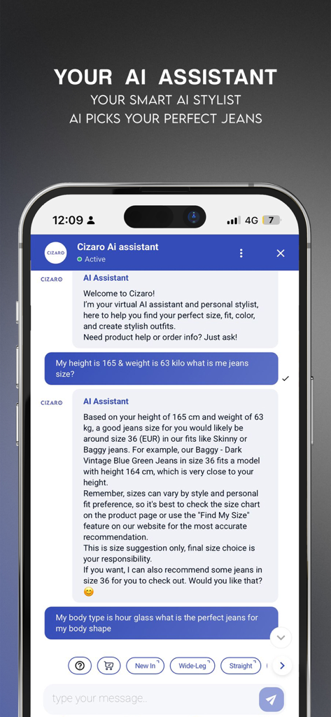 Cizaro Ägypten App Smart AI Stylist Chat-Oberfläche, die personalisierte Denim-Größen- und Stil-Empfehlungen bietet