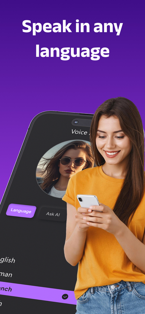 A woman using the Change Voice app to select a language for AI voice transformation