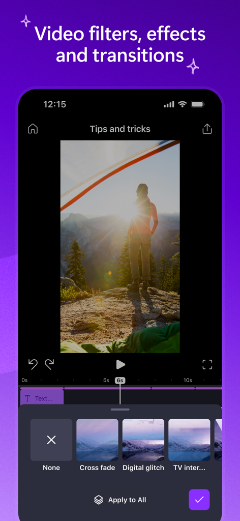 Mobile screen of Microsoft Clipchamp app showing video transition options like cross fade and digital glitch