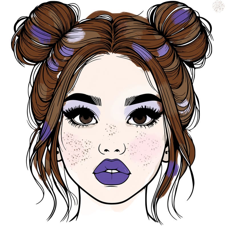realistic girl with two buns on her hair and lips