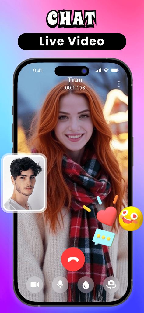 SeyYu：Live Chat & Meet - Una interfaz de aplicación móvil que muestra un chat de video en vivo entre una mujer y un hombre con iconos de interacción social.