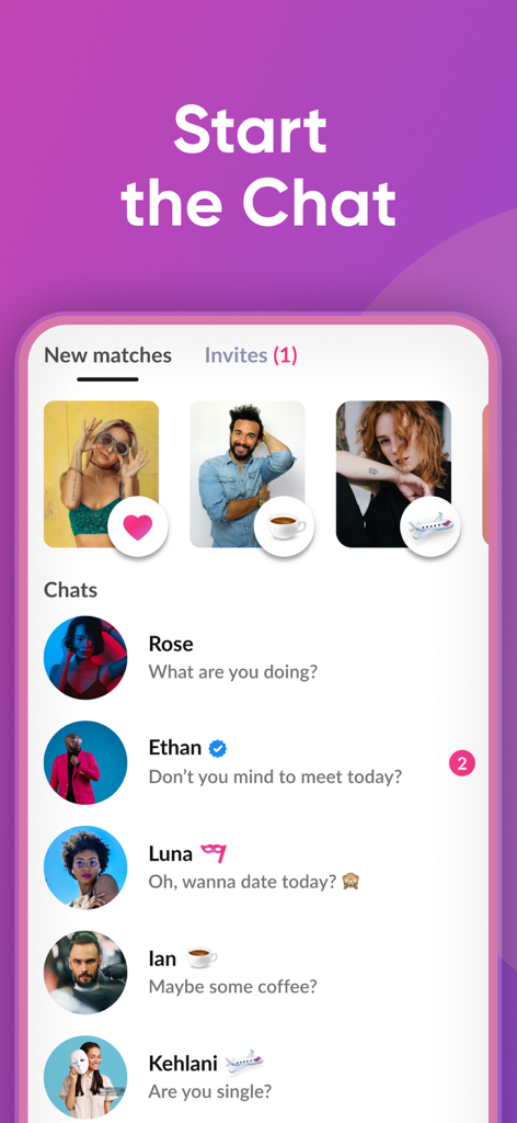 Relike: Dating, Chat & Meet up - Relike app chat interface showing a list of matches and messages with icons for coffee and travel invitations.