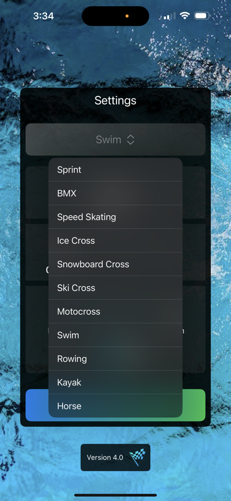 Racing Start Simulator - A dropdown menu in the app settings showing a list of racing sports like Sprint, BMX, and Motocross for specialized reaction time training.