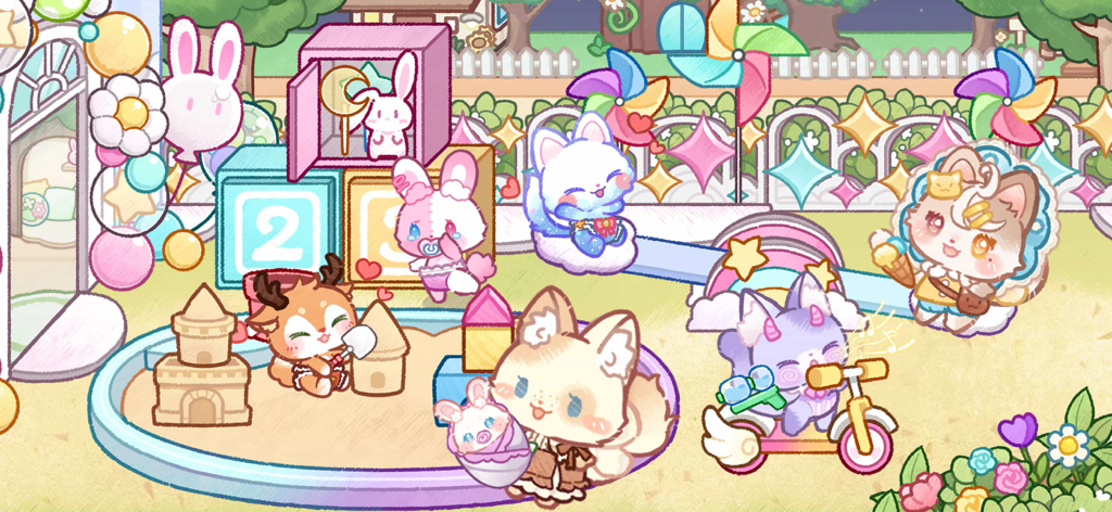 Lovely Cat World: Avatar Life - Multiple cute kitten characters playing in a colorful pastel playground scene.