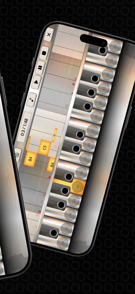 Flute Sim - Una pantalla móvil que muestra la interfaz de la aplicación Flute Sim con teclas plateadas y una línea de tiempo de notas musicales