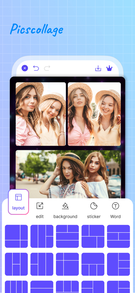 AI Photo Editor: Collage Maker - 女性3人の帽子姿の写真サンプルで、写真コラージュ作成のためのさまざまなグリッドレイアウトテンプレートを表示するモバイルアプリのインターフェース。