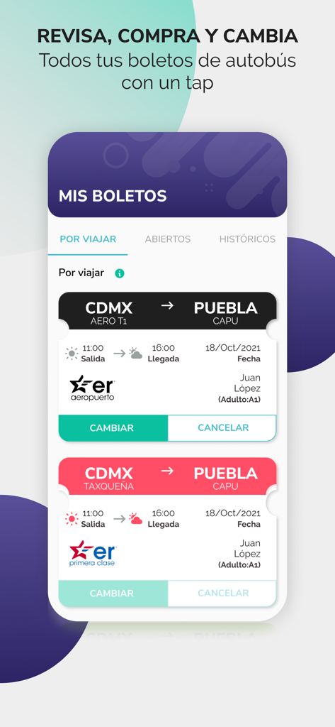 Interface de l'application Estrella Roja montrant les billets de bus numériques pour les trajets entre Mexico et Puebla avec des options pour modifier ou annuler.