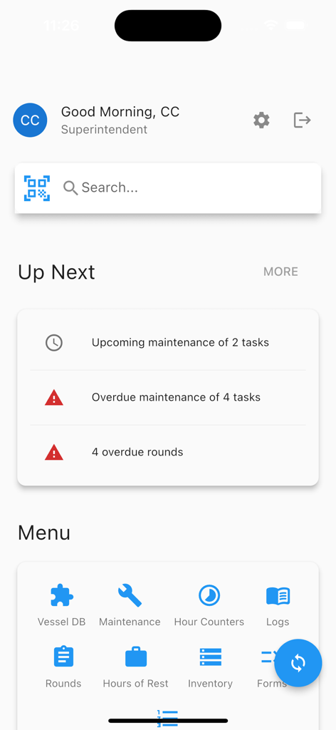 IDEA YACHT - IDEA YACHT mobile app dashboard showing maintenance tasks and management menu
