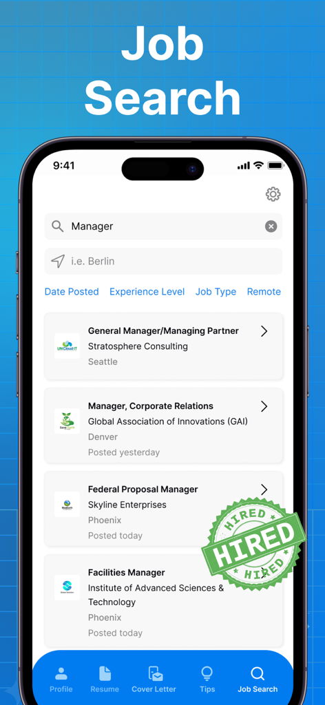 Resume Builder & CV Maker AI - Mobile App-Oberfläche, die Suchergebnisse für Managerpositionen mit verschiedenen Angeboten und einer 'Eingestellt'-Markierung zeigt