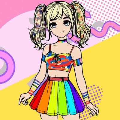 realistic girl in a skirt crop top and pigtails