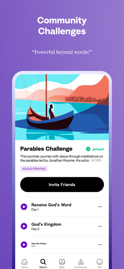 Schermata dell'app Hallow che mostra la sezione Sfide della Comunità con la Sfida delle Parabole guidata da Jonathan Roumie.