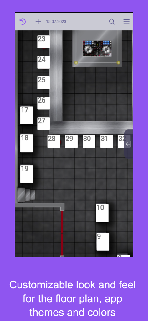 Reservation.Tools - Customizable nightclub floor plan with numbered tables and a DJ booth