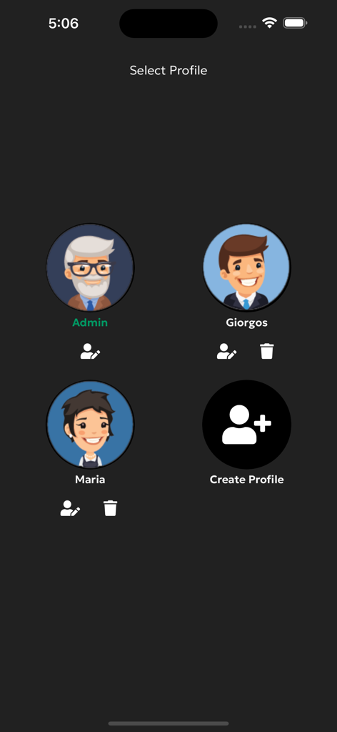 CytavisionGo user profile selection screen featuring multiple user accounts and avatars