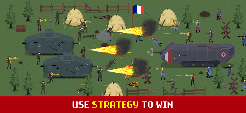 Trench Warfare WW1: Army War - Jugabilidad pixel art que muestra un campo de batalla de la WW1 con tanques y soldados luchando bajo una bandera francesa con el texto Usa la Estrategia para Ganar