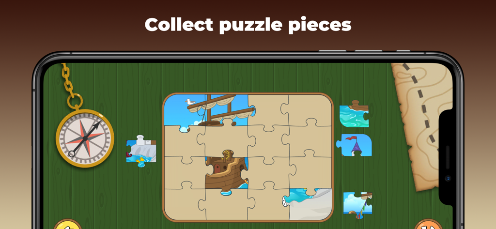 King of Math Jr 2 - A jigsaw puzzle mini-game in the King of Math Jr 2 app featuring a pirate ship and nautical theme