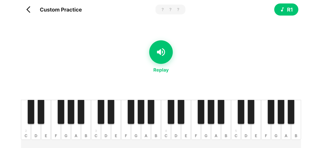 Read Notes Game - Benutzerdefinierter Gehörbildungsmodus-Oberfläche mit einem virtuellen Klavierkeyboard und einer Schaltfläche zum Wiederholen des Audios.