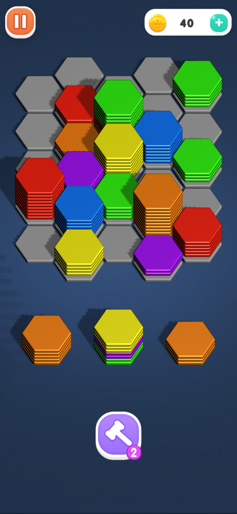 Fun Offline: No Internet Games - Un gioco di puzzle di smistamento esagonale 3D con pile colorate su una griglia esagonale