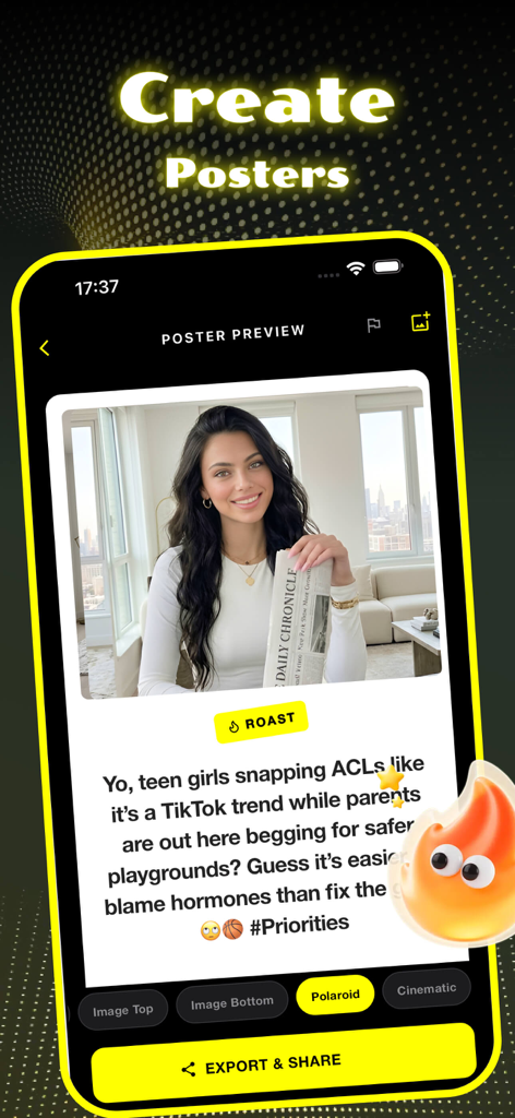 Capture & Create - Vivid - Eine mobile App-Oberfläche, die eine Poster-Vorschau mit einem Foto und stilisiertem KI-Text zur sozialen Weitergabe anzeigt.