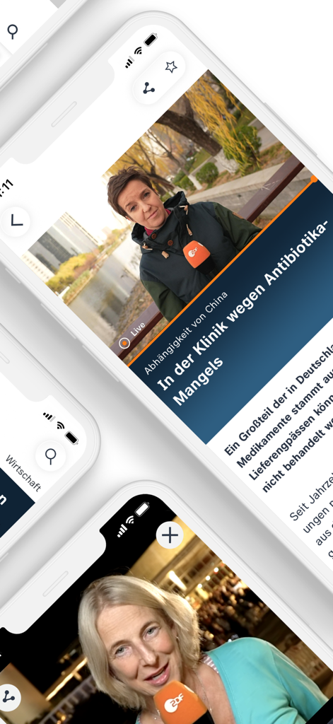 ZDFheute - Nachrichten - iPhoneのZDFheuteニュースアプリのインターフェース。ビデオレポートやニュース記事が表示されています。