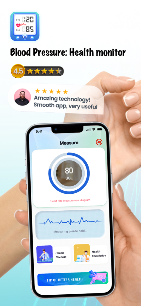 Blood Pressure: Health monitor - Blood Pressure Health Monitor app interface displaying a heart rate measurement and a positive user testimonial
