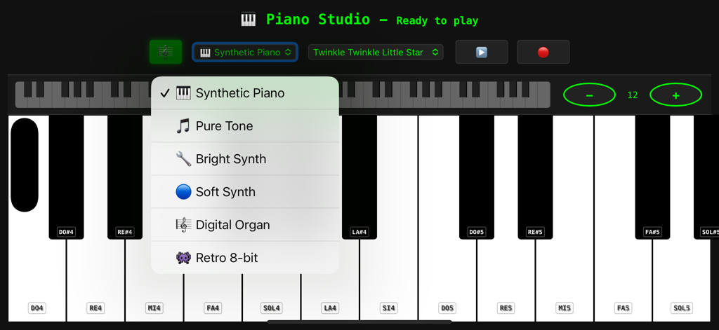 Interface do Piano Studio Mobile mostrando o menu de seleção de som de instrumentos sobre um teclado virtual.