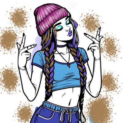 realistic teenage girl with braids and a beanie and crop top doing 🫶🏼