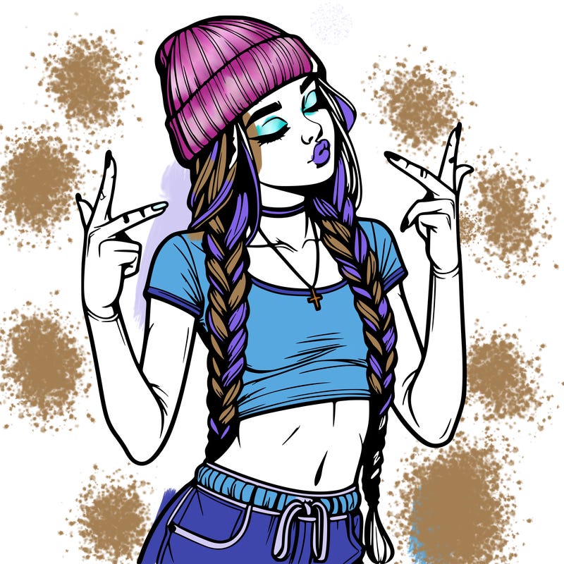realistic teenage girl with braids and a beanie and crop top doing 🫶🏼