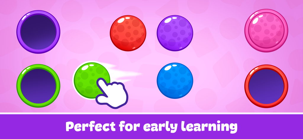 Shapes and Colors: Baby Games - A toddler educational game interface showing a hand dragging a green circle to match its outline among various colored circles.