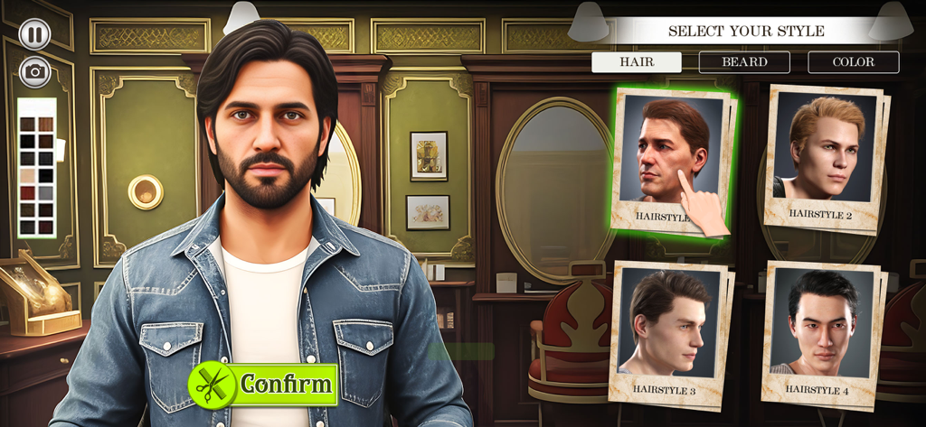 Barber Shop Hair Cut Salon 3Dゲームのヘアスタイル選択画面。男性キャラクターとスタイルオプションが表示されている。