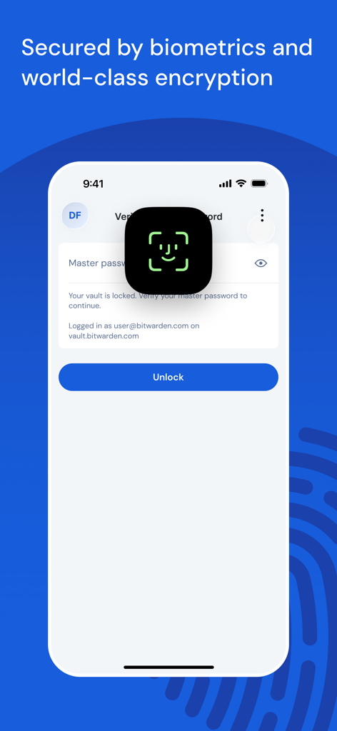 Bitwarden Password Manager - Schermata dell'app Bitwarden che mostra l'autenticazione biometrica Face ID per sbloccare una cassaforte sicura