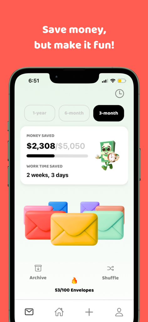 BuyBye - Save Money - Interfaz de la aplicación BuyBye que muestra el dinero total ahorrado y el progreso del desafío de los 100 sobres