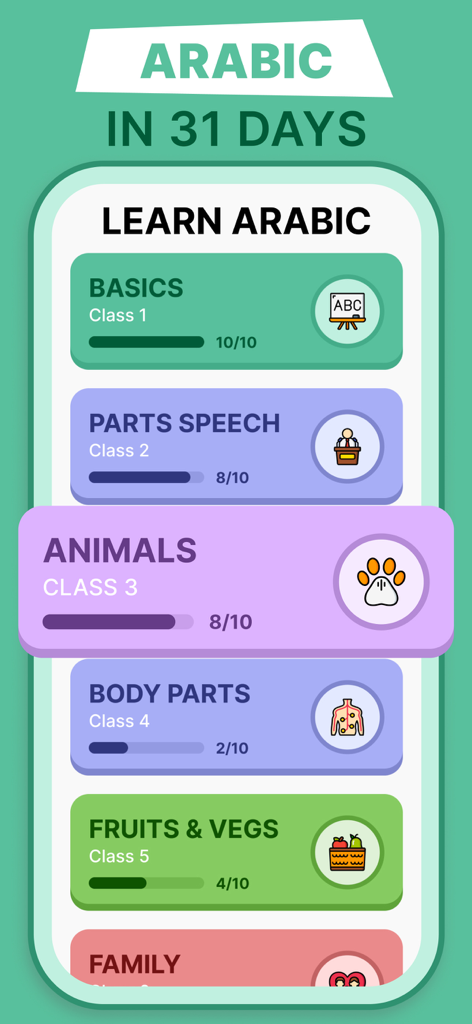 Interface de lista de cursos do aplicativo Aprenda Árabe mostrando categorias de lições como noções básicas, animais e partes do corpo com acompanhamento de progresso