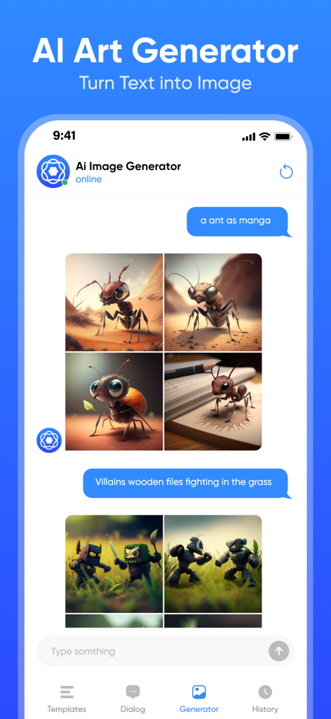 Chat AI & Generator - AI Art Generator screen in Chat AI & Generator app showing generated images from text prompts