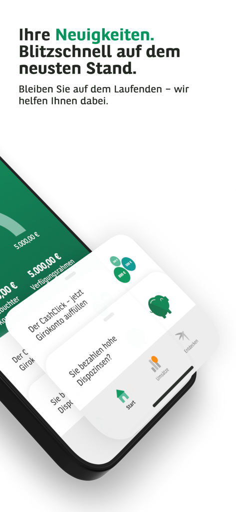 Interface da aplicação de banca móvel Consors Finanz mostrando um feed de notícias e cartões de funcionalidades financeiras num smartphone