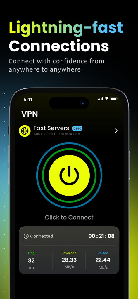 VPN - Fast VPN Lite master - Fast VPN Lite master app interface showing a connection button and network performance metrics including ping and download speeds
