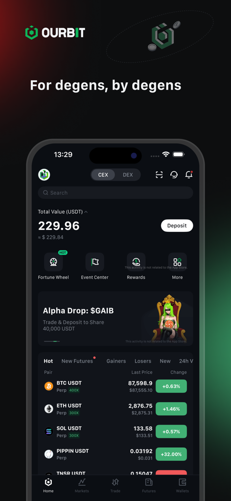 Ourbit: Buy Bitcoin & Crypto - Ourbit mobile app home screen showing cryptocurrency prices and trading portfolio overview