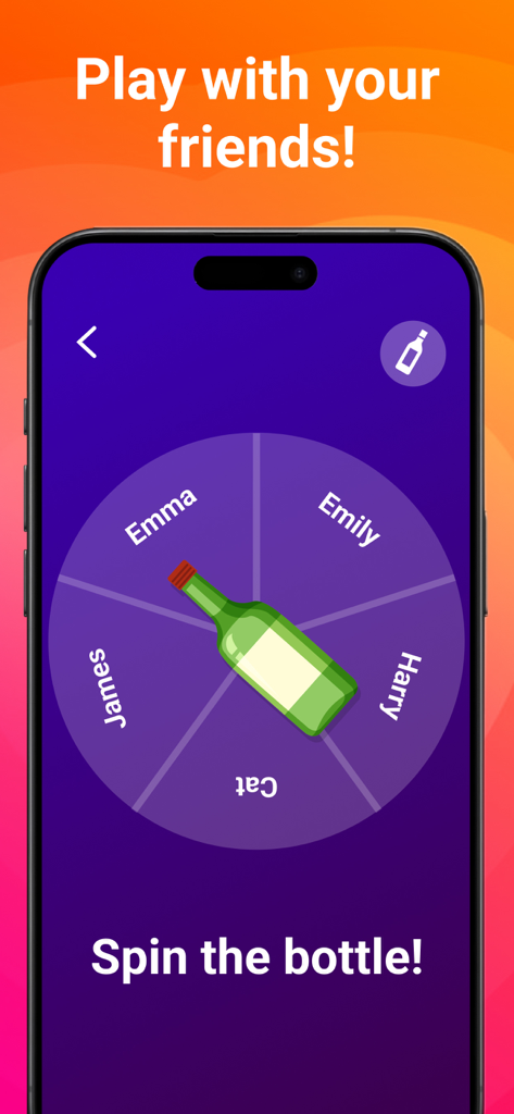 A virtual spin the bottle game with names of friends in different segments