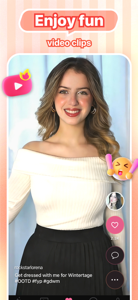 Lilia - Chat - Interface der Lilia-App, das einen kurzen Modevideoclip mit einem Creator-Profil und Engagement-Buttons zeigt.