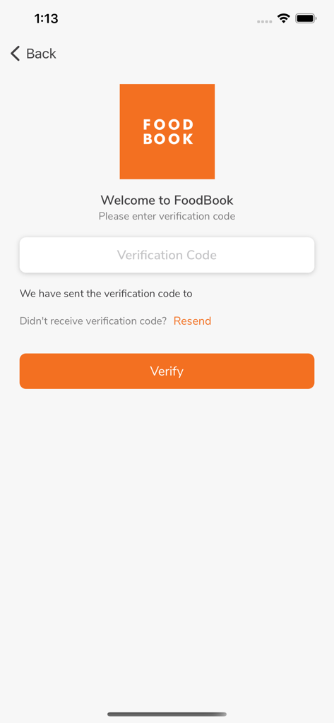 FoodBook - Workplace Food - FoodBook app welcome screen showing the verification code input field and verify button
